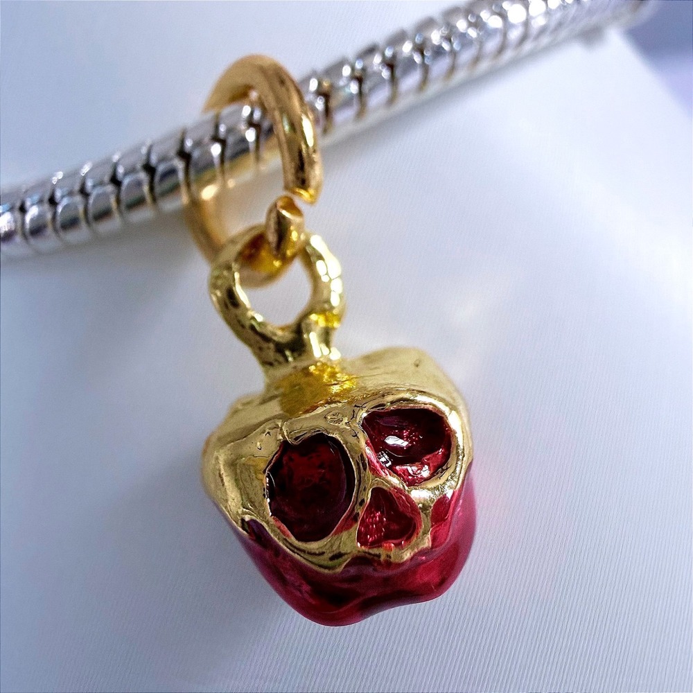 Halloween Poison Apple Red Skull Charm Fits European Snake Chain Bracelet Gold